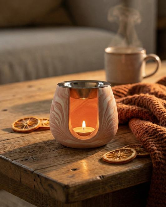 Brûleur pour fondants parfumés vue de face coloris terracotta marbré avec coupelle en inox.