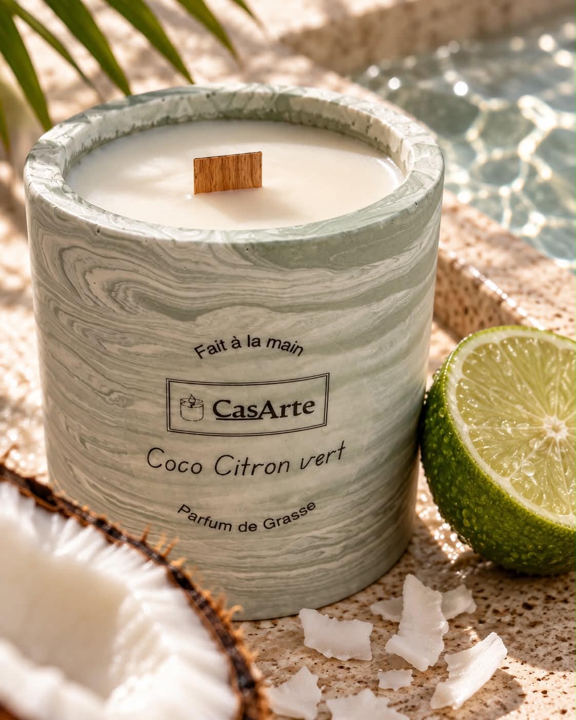 Bougie artisanale Coco Citron Vert Casarte avec mèche en bois