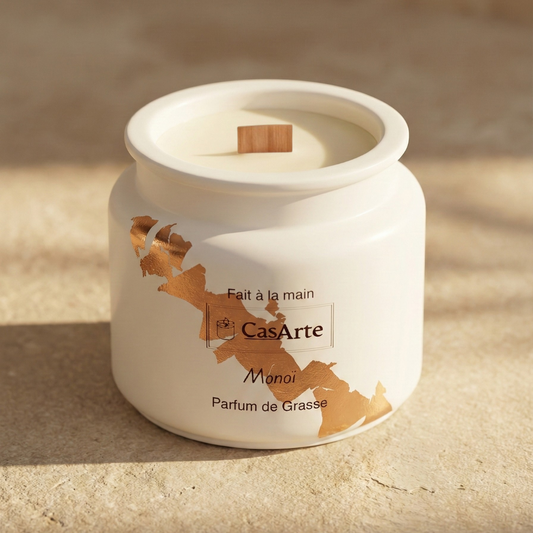 Coffret bougie parfum Monoï avec plateau ovale jesmonite fait main