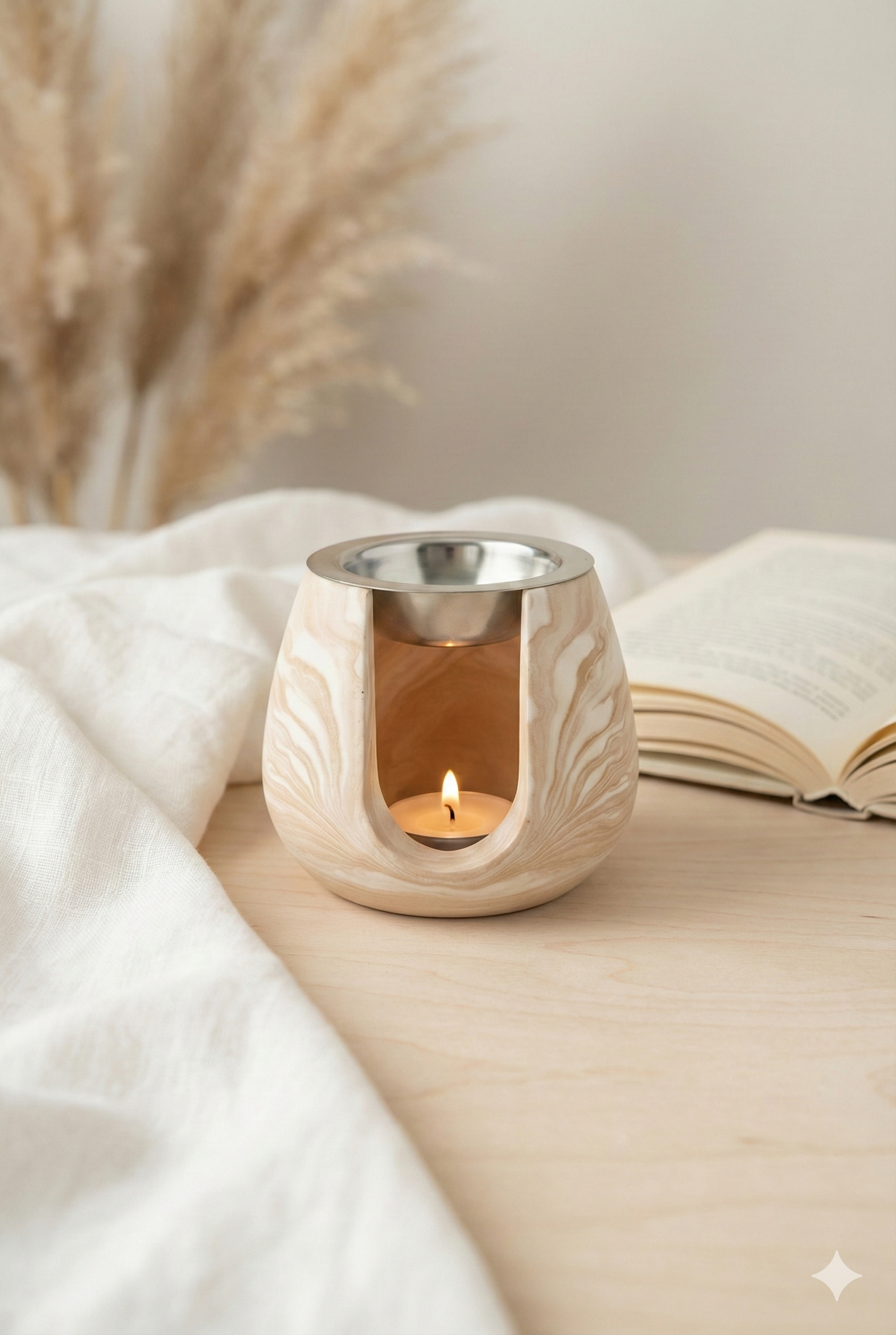 Brûleur pour fondants parfumés vue de face coloris terracotta marbré avec coupelle en inox.