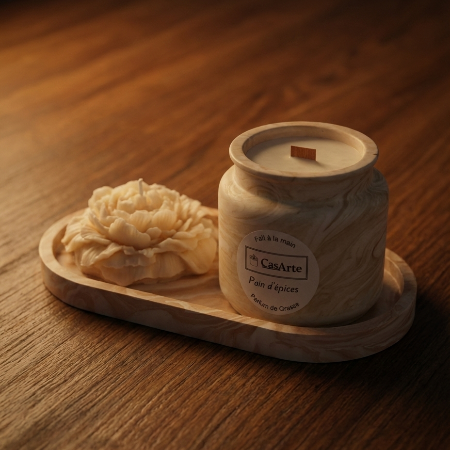 Coffret bougie parfum Pain d'épices avec plateau ovale jesmonite