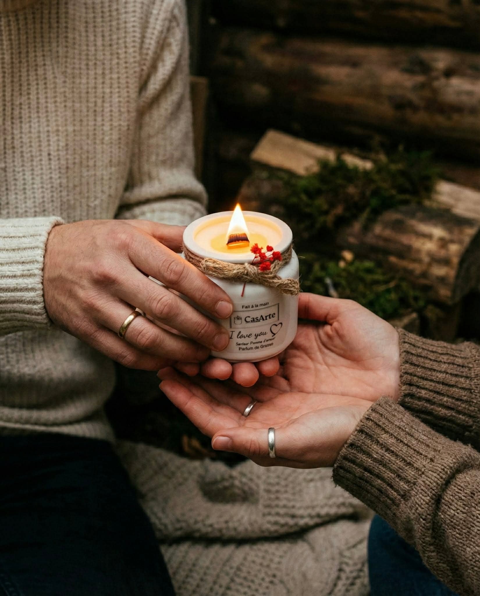 une personne offre son cadeau bougie i love you casarte 