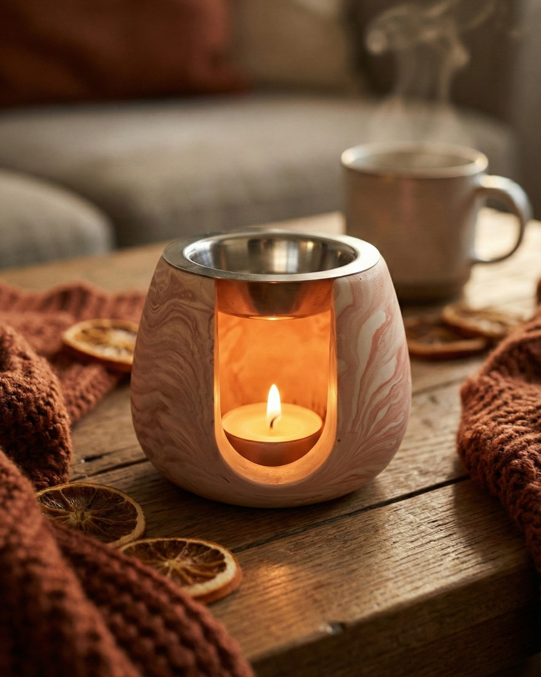 Brûleur terracotta marbré allumé dans une ambiance cocooning chaleureuse avec bougie chauffe-plat.