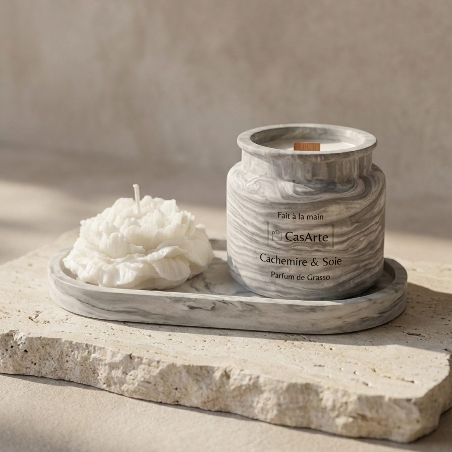 Coffret bougie parfum Cachemire et Soie avec plateau ovale jesmonite beige