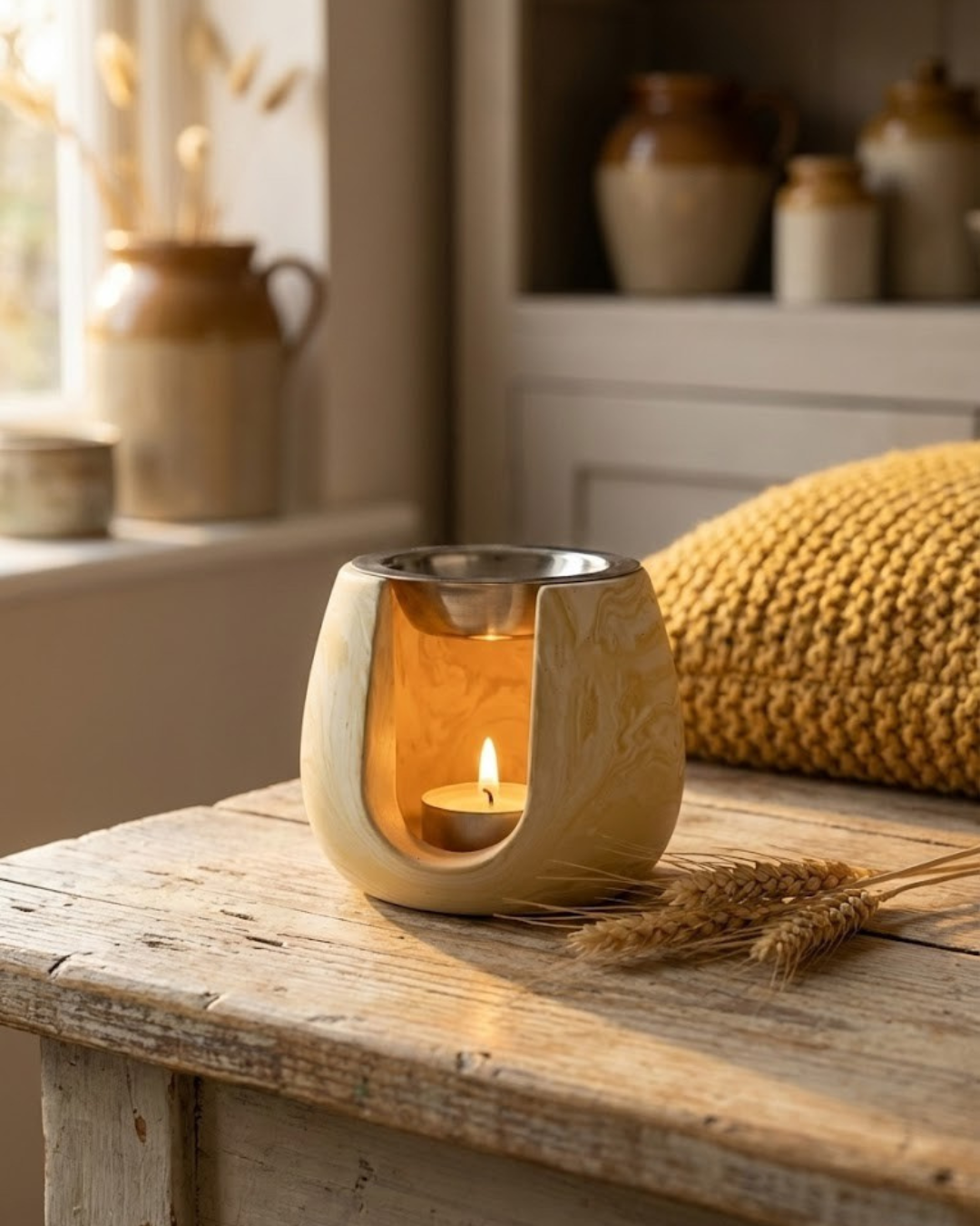 Brûleur de parfum ocre Casarte en situation dans une décoration intérieure style bohème et naturel.