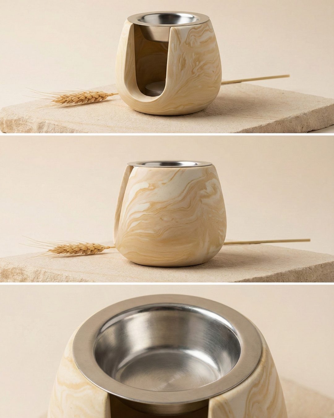 Triptyque de détails du brûleur marbré ocre Casarte. Montre une vue de dessus rapprochée, une vue de profil et un gros plan sur la coupelle de diffusion en inox.